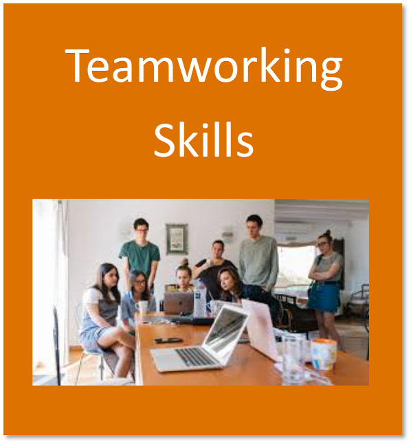 Teamworking skills button containing students working together as a group around computers